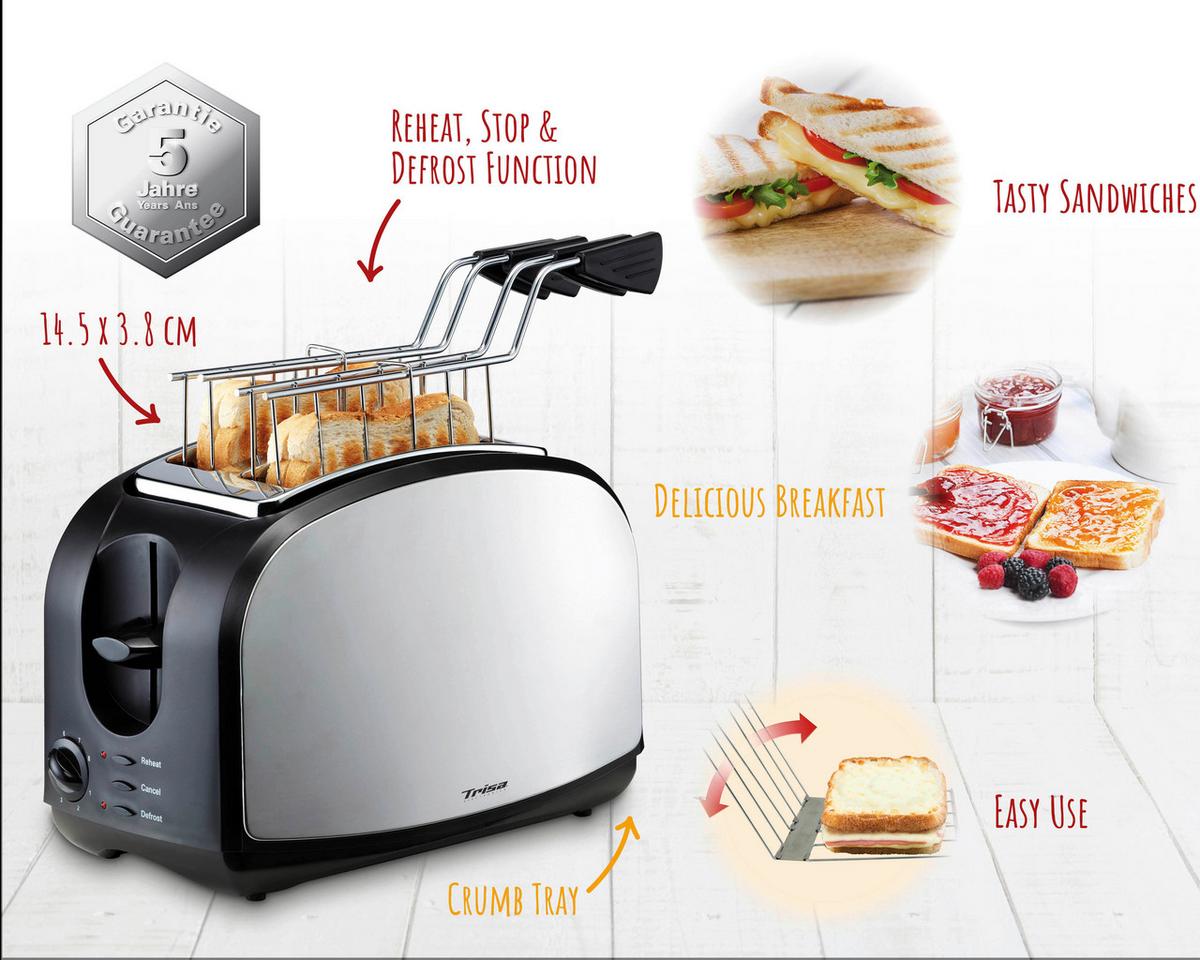 Toaster Crispy Snack Mit 8 Bräunungsgraden - Schwarz, MODERN, Kunststoff (28,5/17/19,4cm) - Trisa Electronics