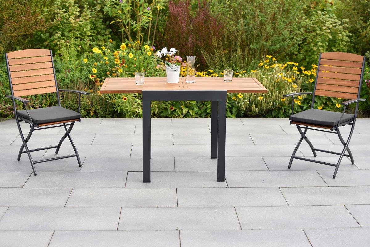 Gartentischgruppe 3tlg. Set Inkl. Sitzkissen - Graphitfarben/Naturfarben, KONVENTIONELL, Holz/Textil - Gardenson