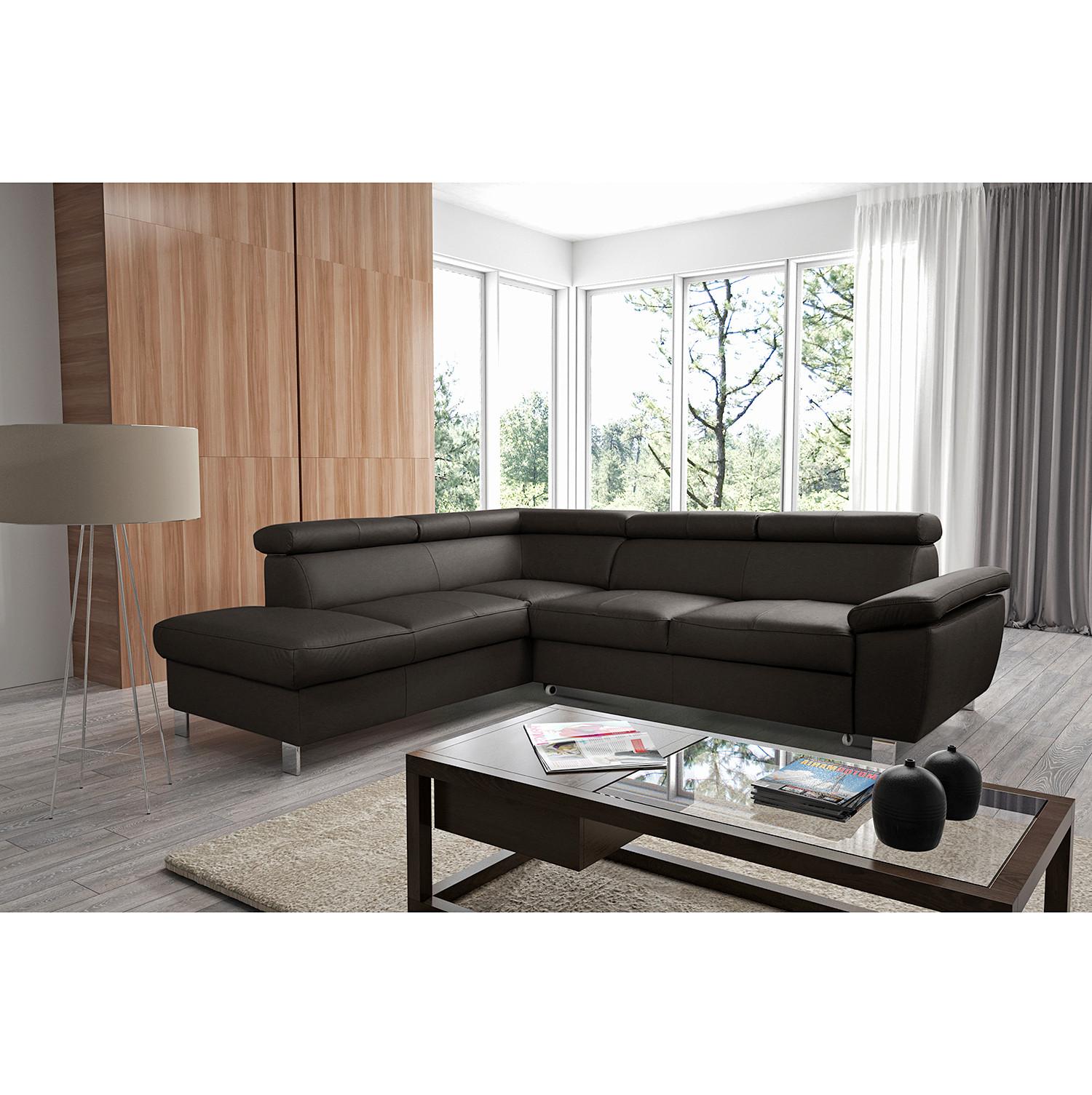 Ecksofa Lugano Teilleder Dunkelbraun 208x248 - Chromfarben/Dunkelbraun, Design, Leder/Textil (208/248cm) - Livetastic
