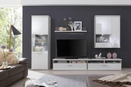 Wohnkombination 5-Tlg. Trento Grau/Silbern/Weiß - Weiß Hochglanz/Silberfarben, Design, Glas/Holzwerkstoff (321/201/52cm) - Livetastic