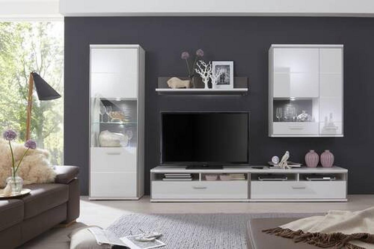 Wohnkombination 5-Tlg. Trento Grau/Silbern/Weiß - Weiß Hochglanz/Silberfarben, Design, Glas/Holzwerkstoff (321/201/52cm) - Livetastic