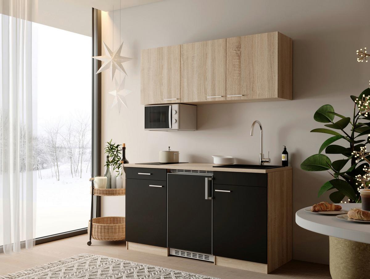 MINIKÜCHE Ingrid, Schwarz B: 150 cm - Eichefarben/Schwarz, Design, Holzwerkstoff (150cm) - Respekta