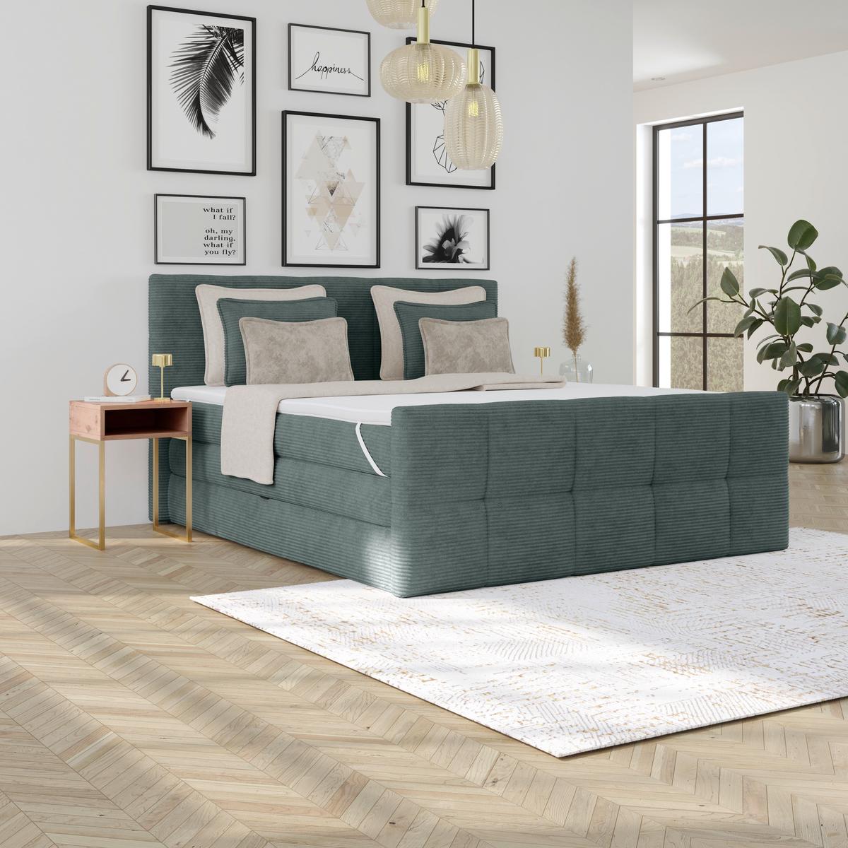 Boxspringbett mit Topper & Bettkasten 160x200 cm Medino - Silberfarben/Blaugrau, KONVENTIONELL, Holz/Holzwerkstoff (160/200cm)