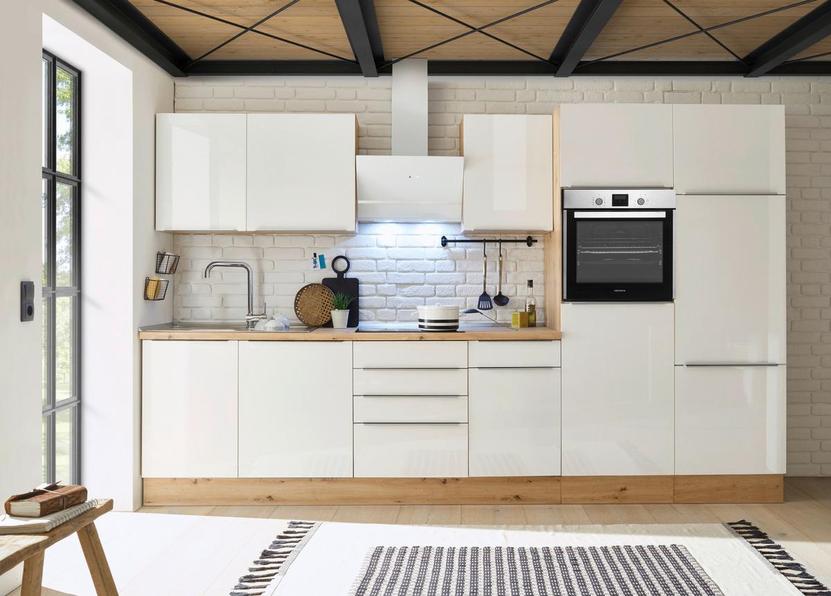 Küchenzeile mit Geräten B: 340 cm Weiß/Eiche Dekor - Weiß Hochglanz/Eiche Artisan, LIFESTYLE, Holzwerkstoff (340cm) - Respekta