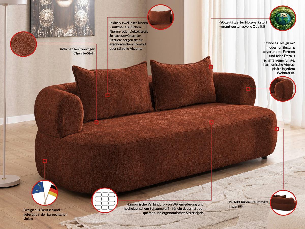 3-Sitzer-Sofa Ferro Rostfarben B: 200 cm - Rostfarben/Schwarz, Design, Textil (200/76/96cm) - Livetastic