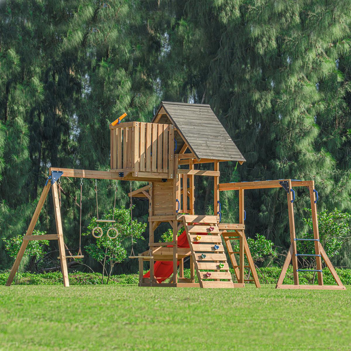 Spielturm mit Rutsche Rot - Anthrazit/Rot, Basics, Holz/Kunststoff (482/500/338cm) - Ambia Garden
