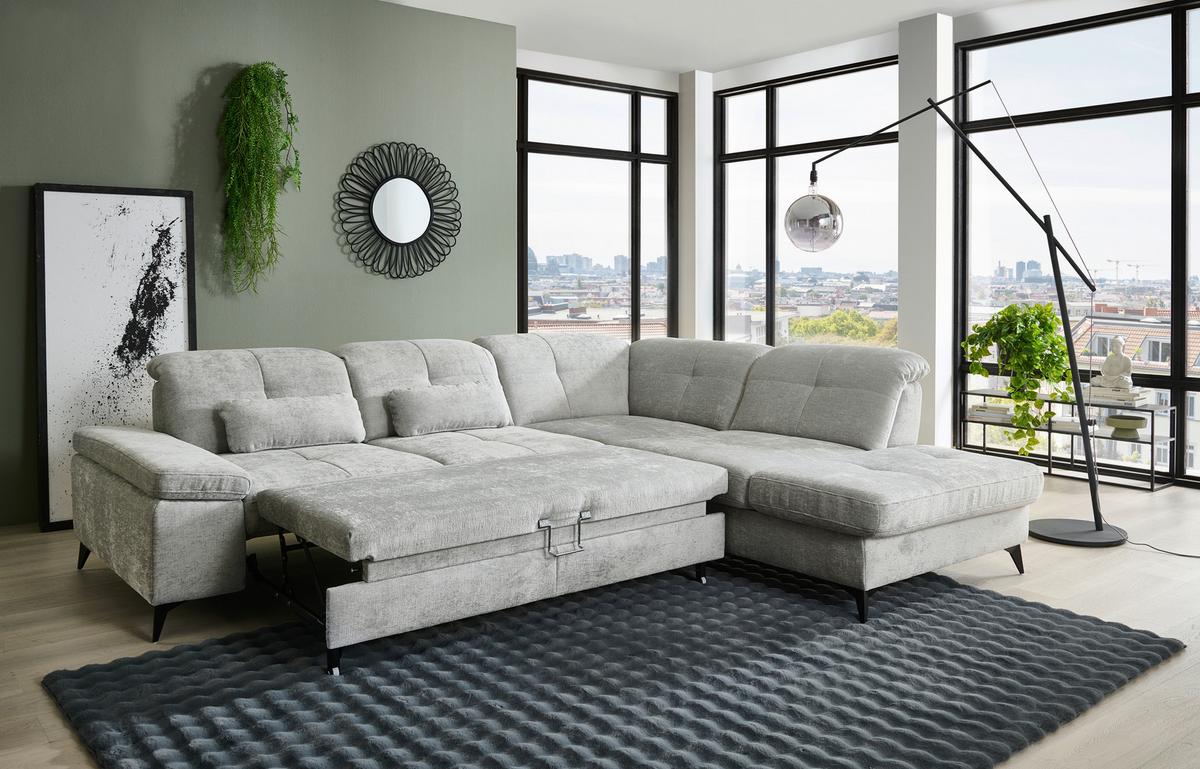 Sedačka SORENA L, pravá, sv.šedá žinylka, s funkcemi - černá/světle šedá, Moderní, kov/textil (311/255cm) - Premium Living