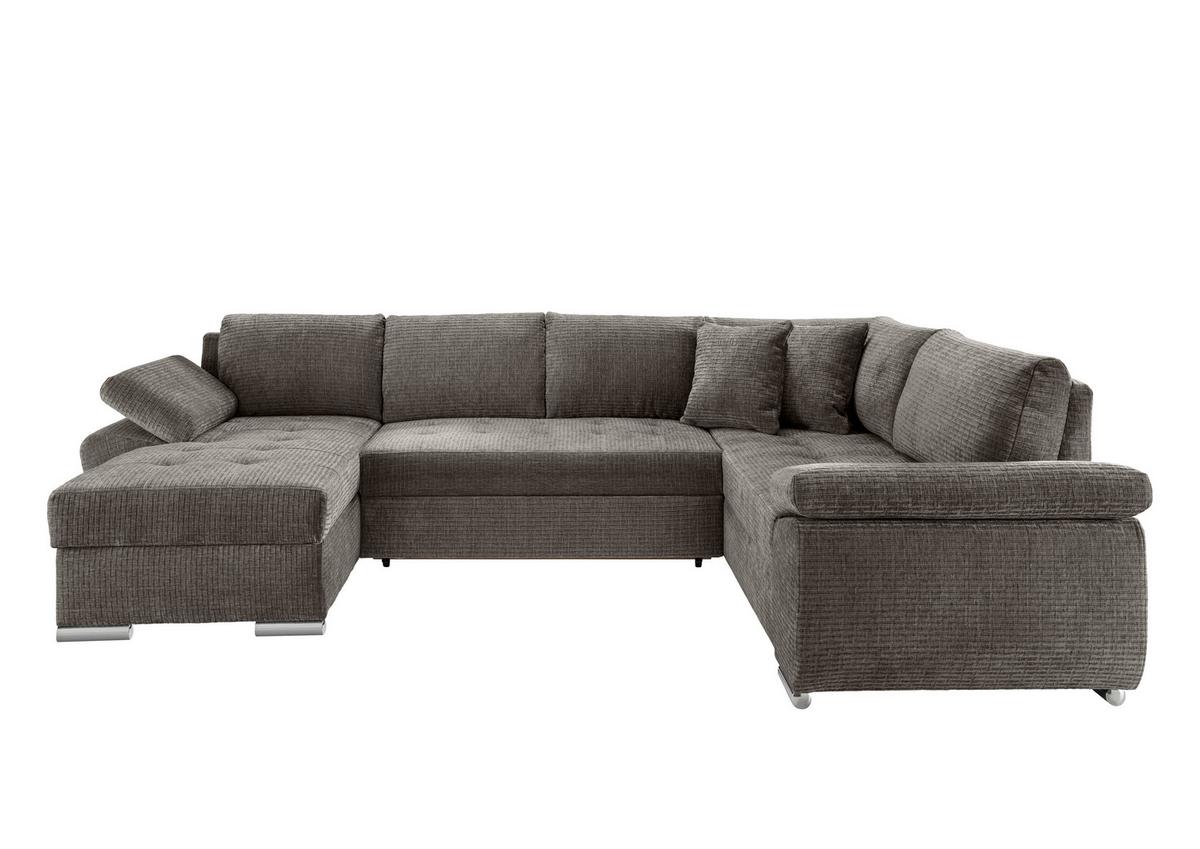 Wohnlandschaft Terana Graubr. mit Schlaffunktion, Mikrofaser - Chromfarben/Graubraun, KONVENTIONELL, Textil (157/305/219cm) - Livetastic