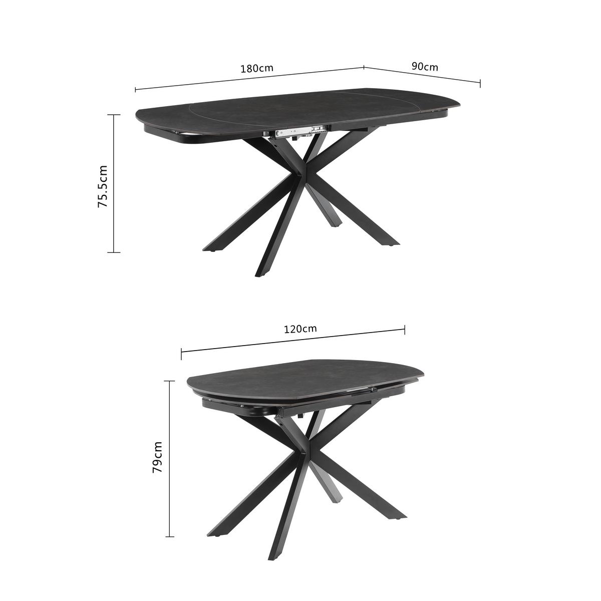 Esstisch Senna Grau/Schwarz L: 120-180 cm - Schwarz/Grau, MODERN, Stein/Metall (120-180/90/75.5-79cm) - P & B