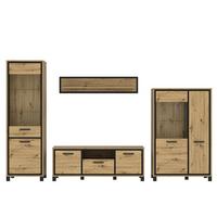 Wohnwand Modern 4 -Teilig. Trondheim, Artisan Eiche Dekor - Eichefarben/Schwarz, Basics, Glas/Holzwerkstoff (344,2/208/41,5cm) - Livetastic