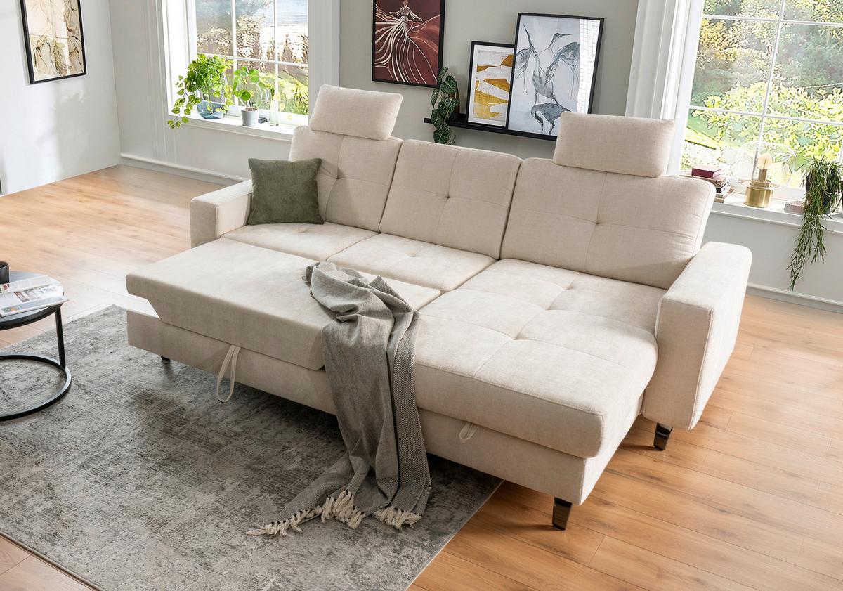 Ecksofa Varese mit Bettkasten Naturfarben 239x164 cm - Beige/Schwarz, KONVENTIONELL, Textil (239/164cm) - James Wood