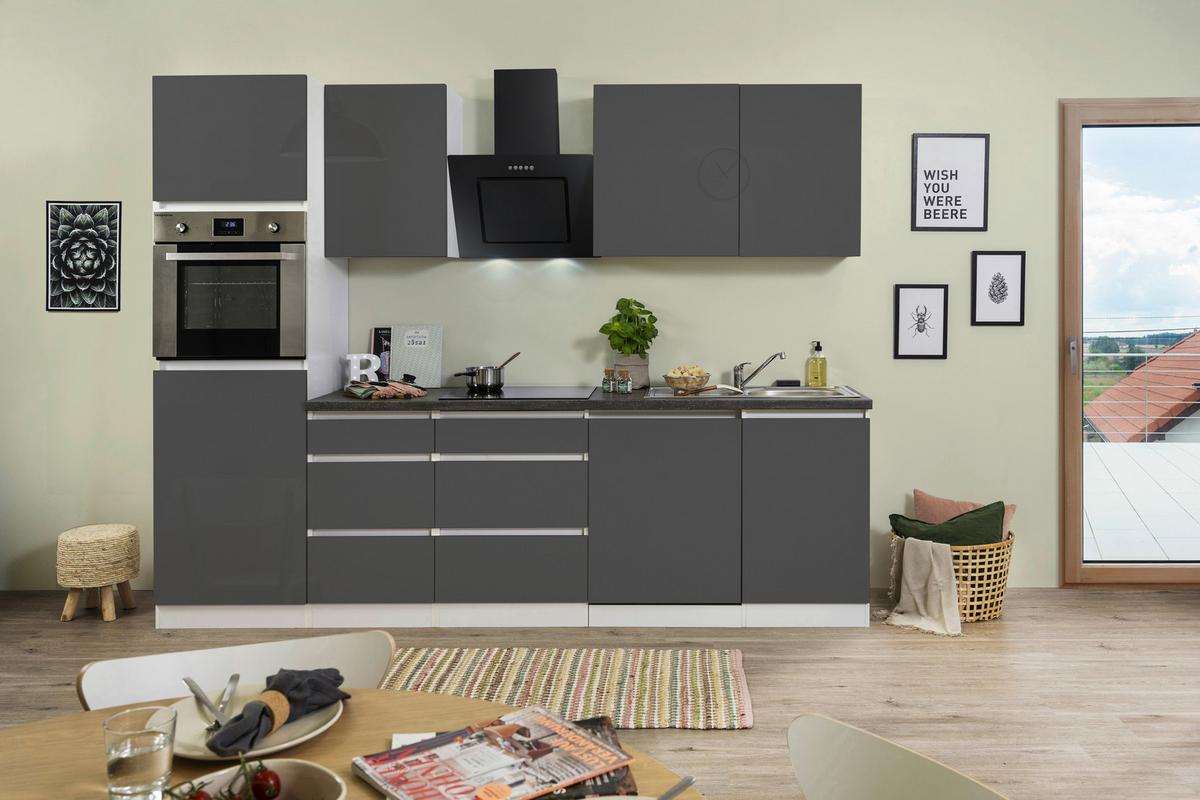 Küchenzeile Premium mit Geräten 280 cm Weiß/Grau Hochglanz - Weiß/Braun, MODERN, Holzwerkstoff (280cm) - Respekta