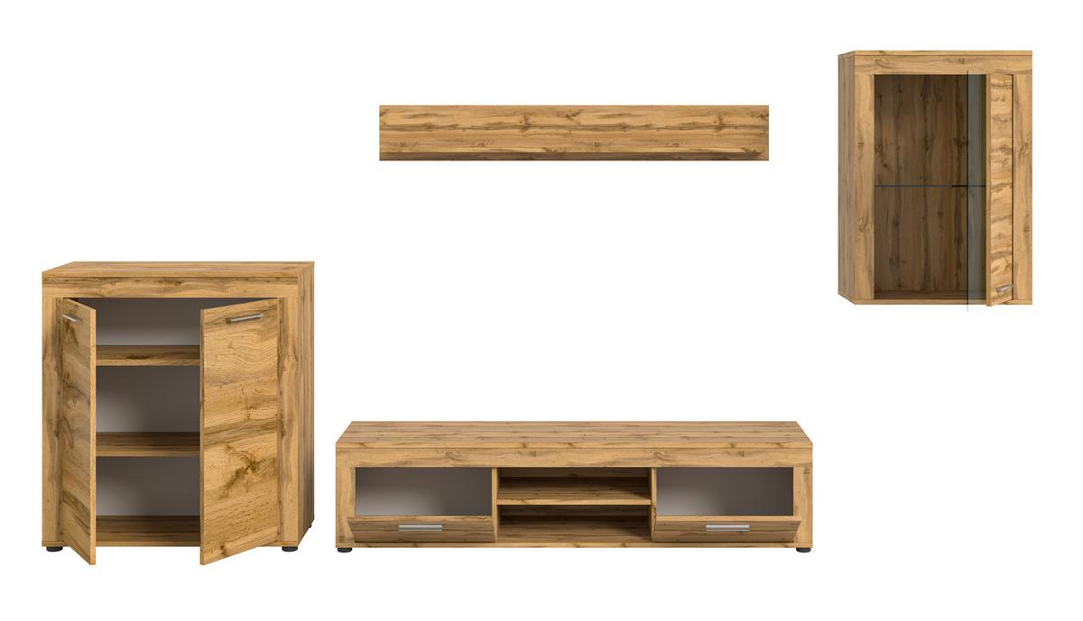 Wohnwand Jam Eiche Wotan Dekor B: 330cm - Eiche Wotan/Schwarz, Design, Glas/Holzwerkstoff (330/169/35cm) - MID.YOU