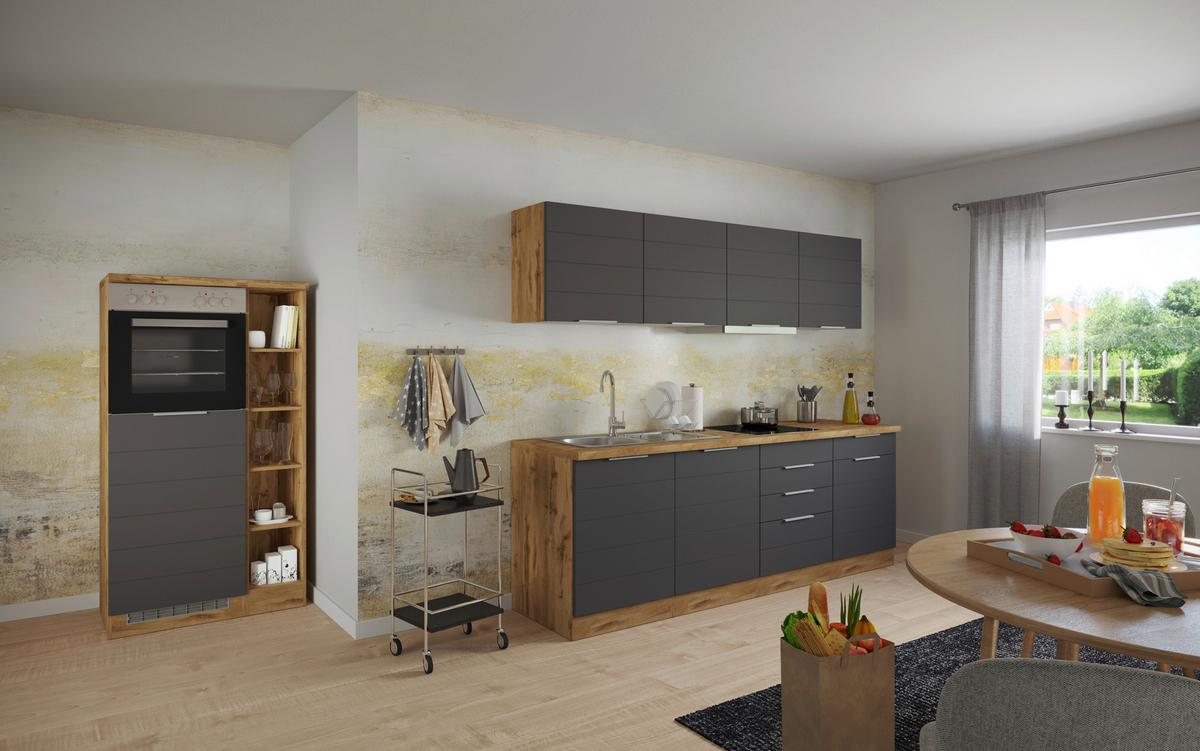 Küchenzeile Florenz ohne Geräte 330 cm Grau/Eichef. - Eiche Wotan/Grau, Design, Holzwerkstoff (330cm) - Held
