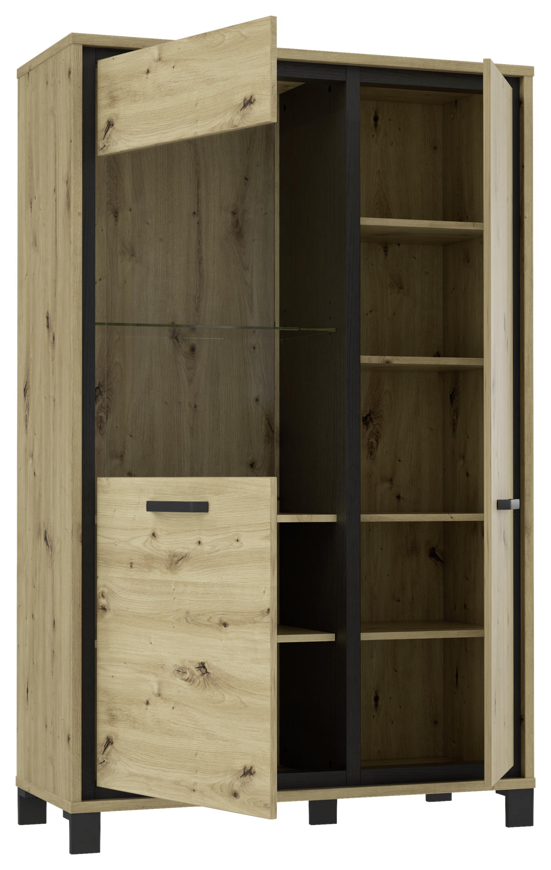 Highboard mit Glaselement 102 cm Trondheim, Eiche Dekor - Eichefarben/Schwarz, Basics, Glas/Holzwerkstoff (101.4/161/41.5cm) - Livetastic
