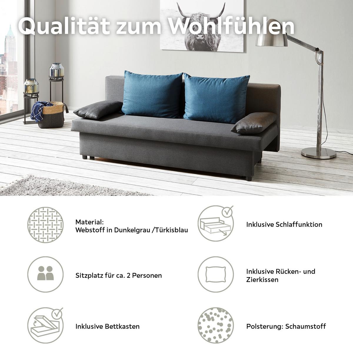 2-sitzer-sofa M Schlaffunktion Neo Dunkelgrau B: 192 Cm - Blau/Dunkelgrau, Basics, Karton/Holz (192/82cm)