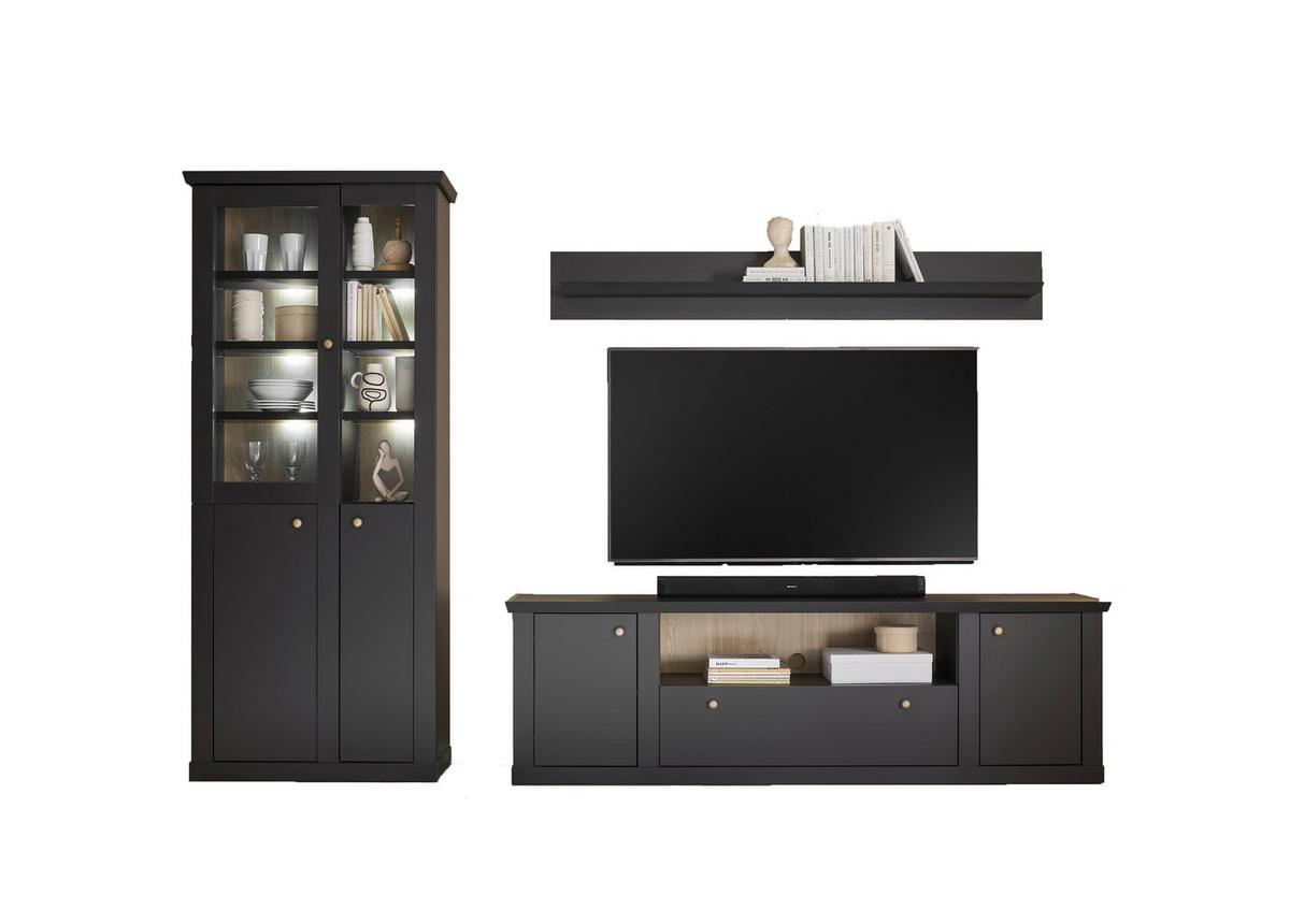 Wohnwand Lincoln Schwarz/Eichefarben B: 301cm - Eichefarben/Schwarz, Design, Holzwerkstoff (301/200/42cm) - MID.YOU