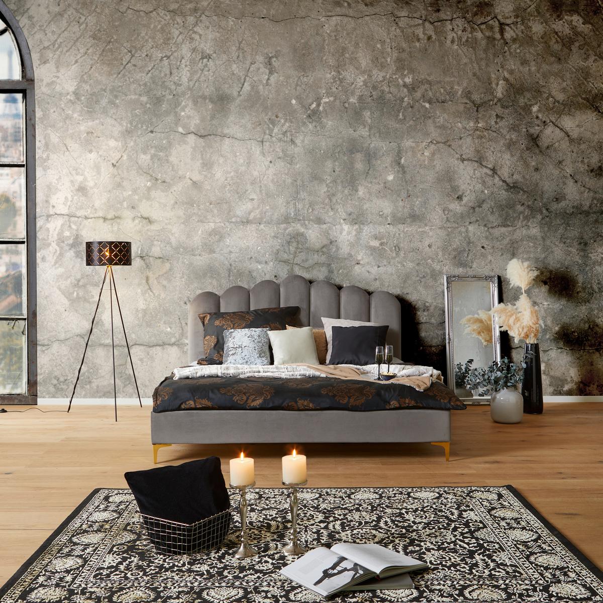 Čaluněná postel s prošívaným čelem LUCY, 180x200, šedá - šedá/černá, Moderní, kov/dřevo (180/200cm) - Livetastic