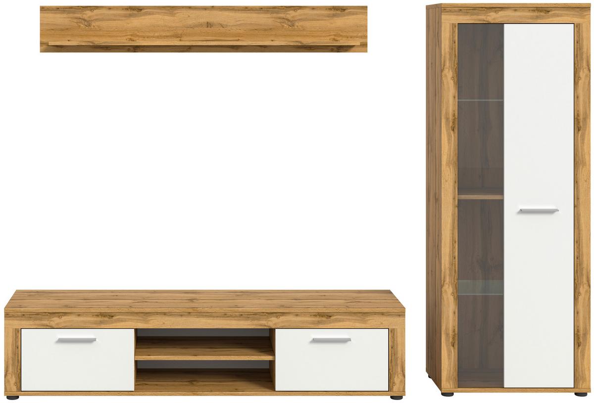 Wohnwand Jam Eiche Dekor Weiß 3-teilig B: 235 cm - Eiche Wotan/Schwarz, Design, Glas/Holzwerkstoff (235/159/35cm) - MID.YOU
