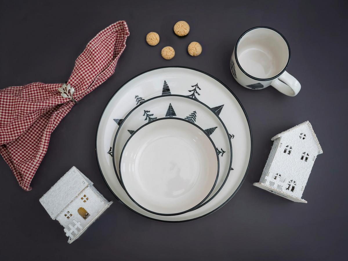 Frühstücksserviceset 12 -teilig. Steinzeug, Schwarz/Weiß - Schwarz/Weiß, Basics, Keramik - Creatable