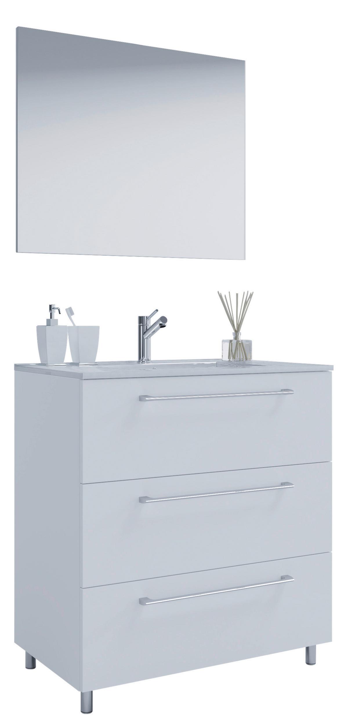 Badmöbel-Set 3-Tlg. Schubo B: 60 cm Weiß Dekor - Alufarben/Weiß, MODERN, Keramik/Holzwerkstoff (60cm) - MID.YOU