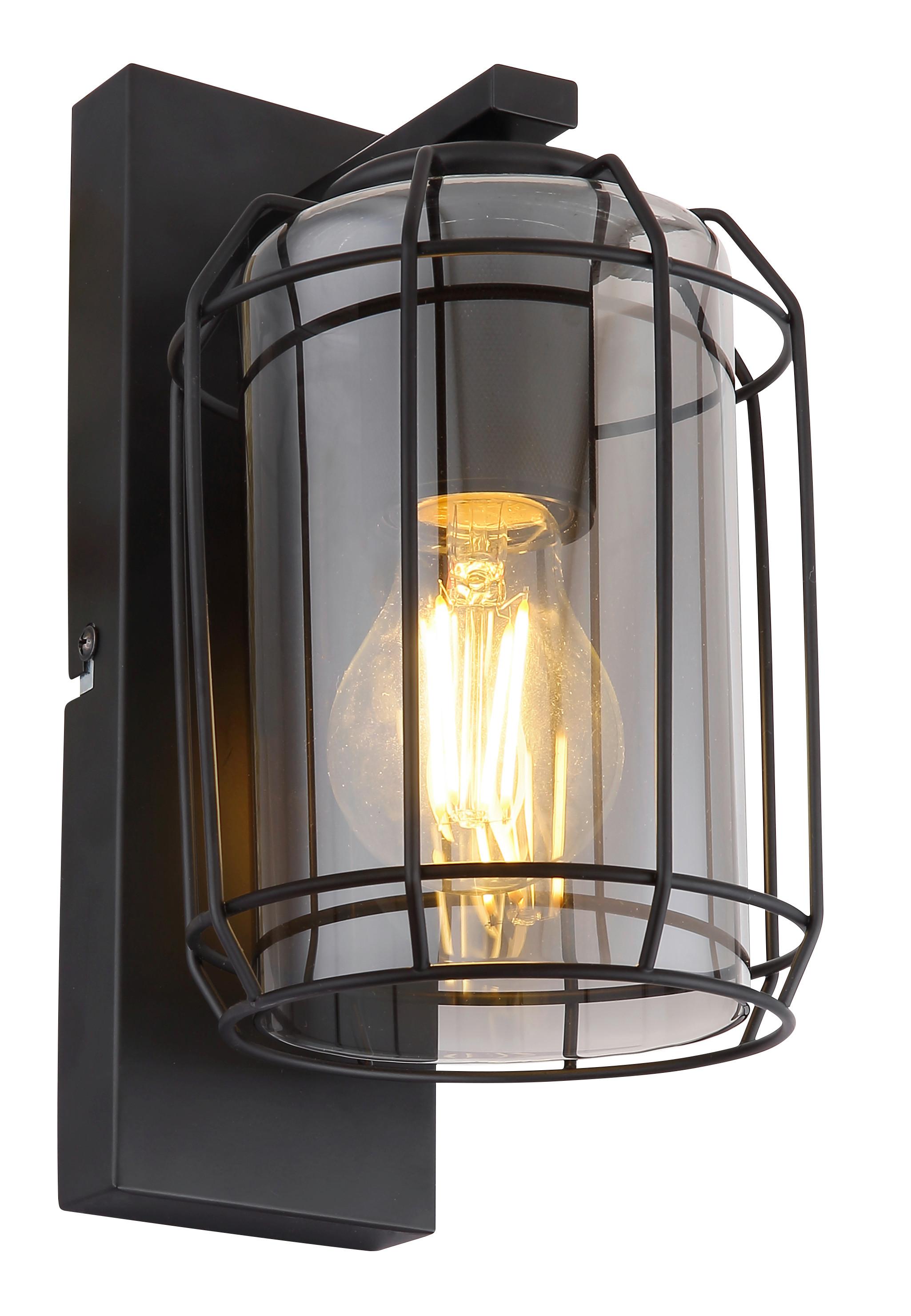 Wandleuchte 1-Flammig Rauchglas mit Gitter - Schwarz, Basics, Glas/Metall (13/16,5/25cm) - Globo