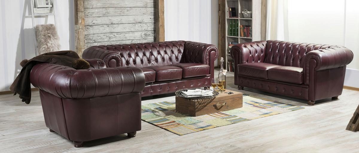 Sitzgarnitur 3-Tlg. Bridgeport Echtleder Rot - Rot/Nussbaumfarben, Design, Leder/Holz - Max Winzer