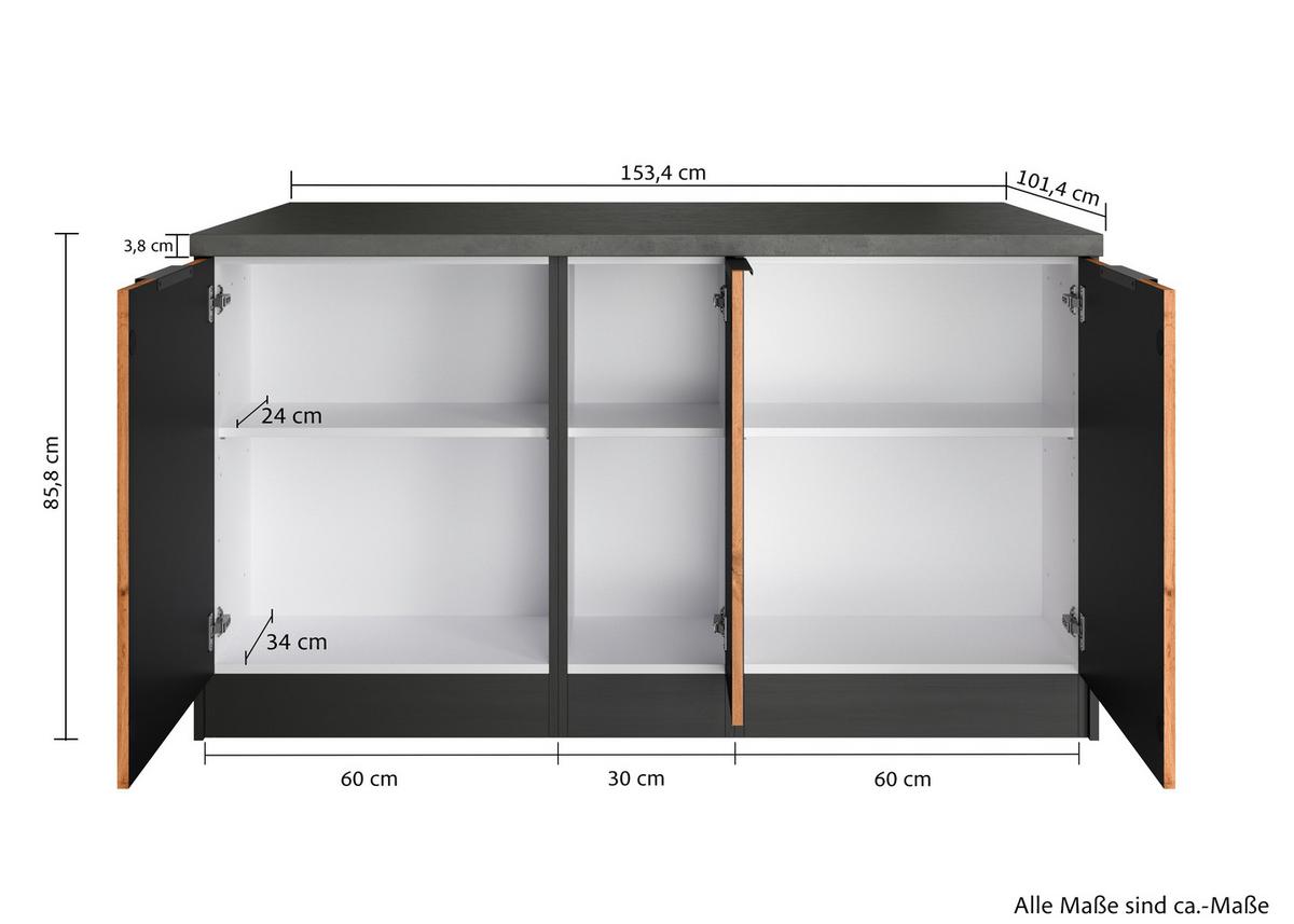 Kücheninsel Liverpool Graphit/ Eiche Dekor B: 153 cm - Schieferfarben/Eiche Wotan, Basics, Holzwerkstoff (153/86/101cm) - Held
