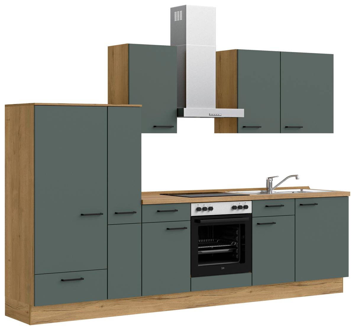 Kuchyňská linka 300 cm, minerální zelená,ultra matná - barvy dubu/černá, Moderní, kov/kompozitní dřevo (300cm) - Nobilia