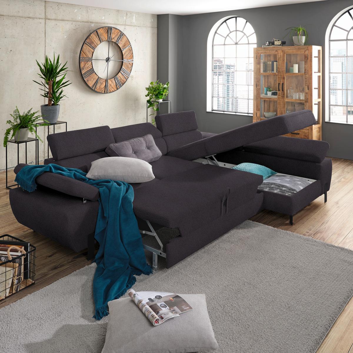 Rohová sedačka MILNA, pravá, černá - černá, Moderní, kov/dřevo (277/90/189cm) - Mömax