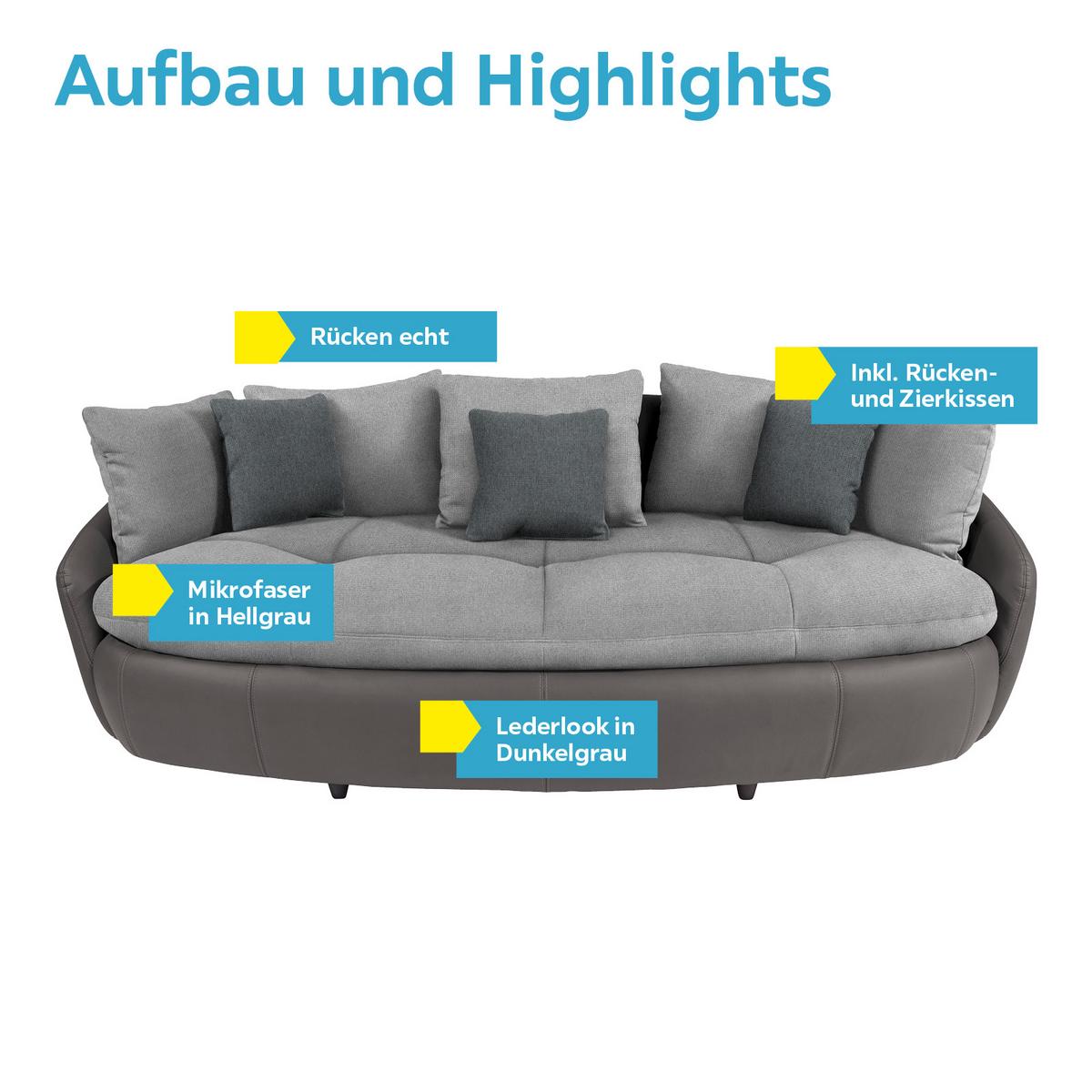Big Sofa Aruba mit Kissen Grau/Hellgrau Lederlook - Hellgrau/Schwarz, LIFESTYLE, Textil (238/80/140cm)