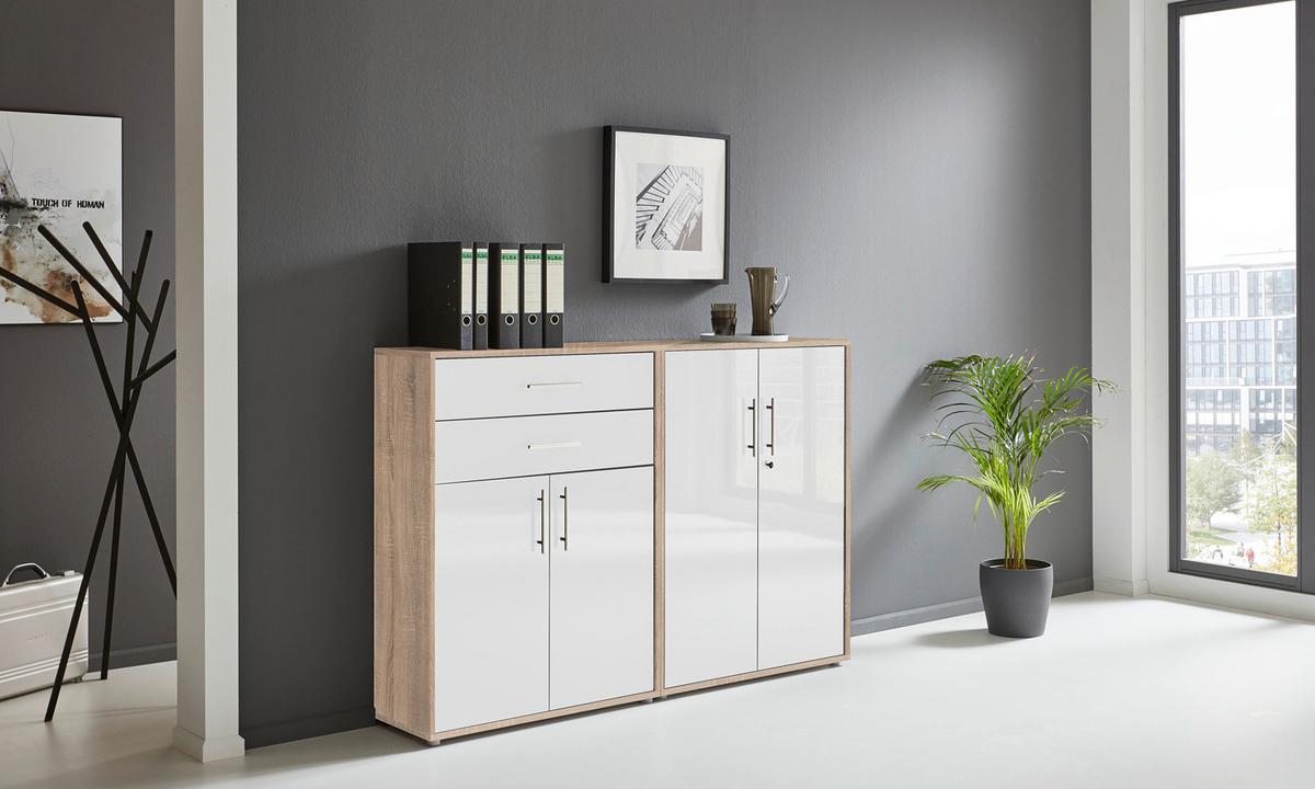 Aktenschrank Office Edition Weiß Hg/eiche Dekor B: 168,8cm - Weiß Hochglanz/Sonoma Eiche, MODERN, Holzwerkstoff (168,8/113,6/33cm) - MID.YOU