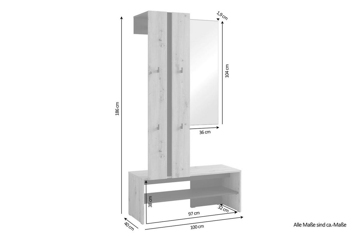 Garderobe Nante Set Eiche Artisan/Schwarz B: 100cm - Schwarz/Eiche Artisan, Design, Holzwerkstoff (100/186/40cm) - MID.YOU