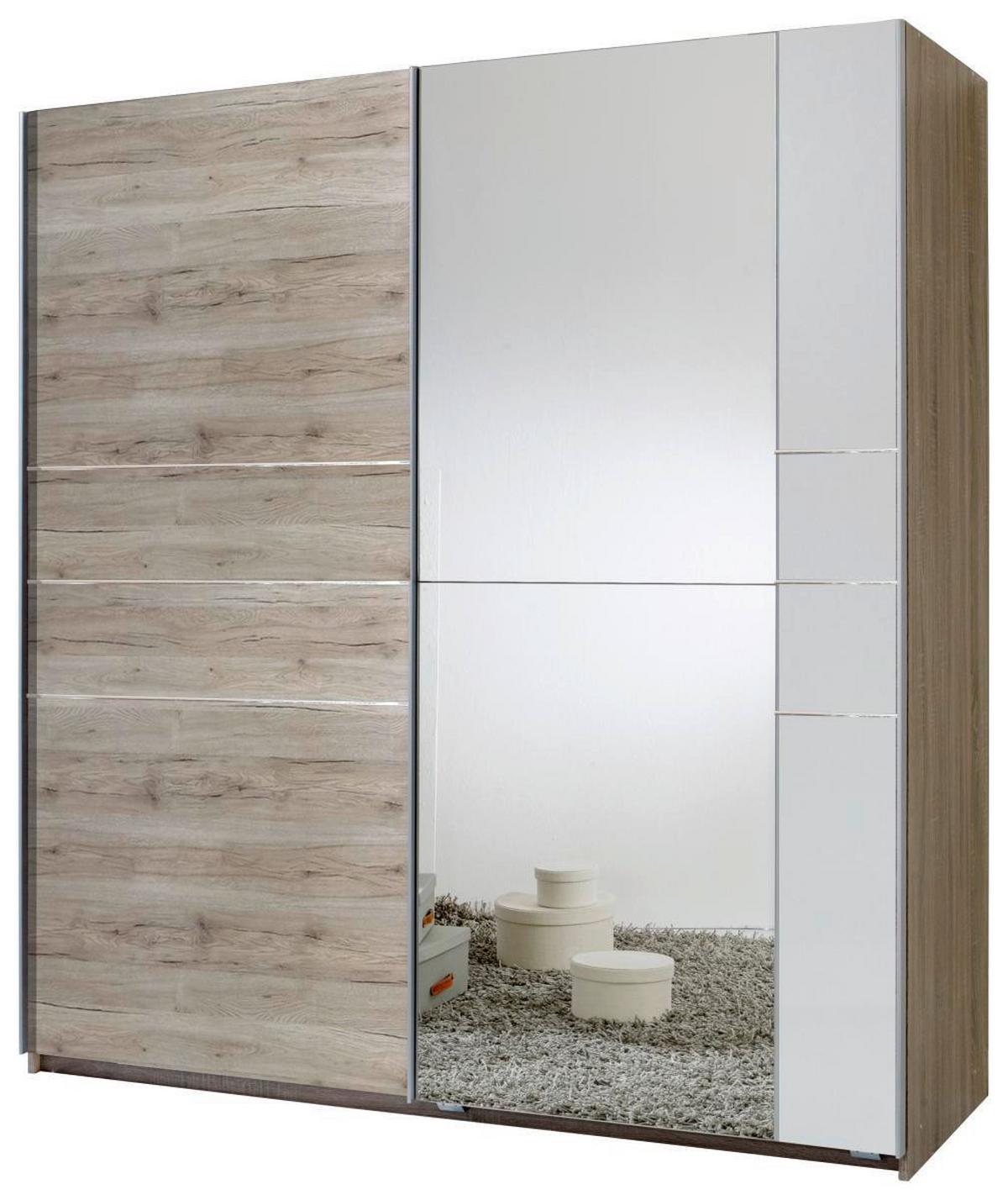 Schwebetürenschrank M. Spiegel 180cm Stripe, Eiche Dekor - Eichefarben/Weiß, MODERN, Holzwerkstoff (179/198/64cm) - MID.YOU