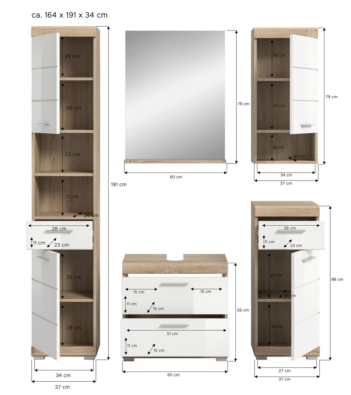 Badezimmer Lambada Eiche Dekor/weiß B: 134 Cm - Weiß Hochglanz/Silberfarben, MODERN, Glas/Holzwerkstoff (134cm) - MID.YOU