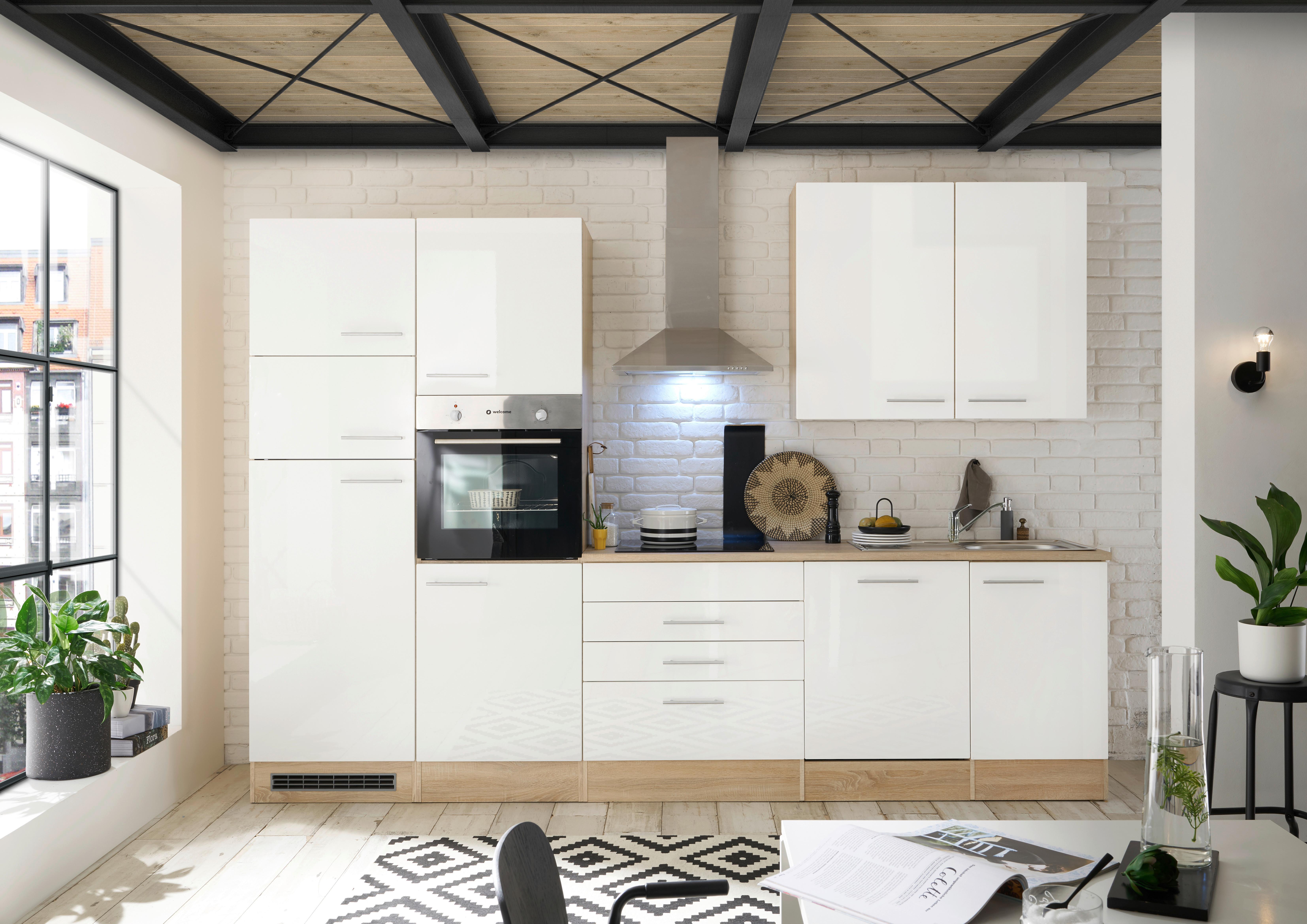 Küchenzeile Laurel mit Geräten 310 cm Weiß/Eiche Dekor - Weiß/Sonoma Eiche, MODERN, Holzwerkstoff (310cm) - MID.YOU