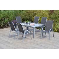 Gartentischgruppe Amaro 7--Teilig. Aus Aluminium - Anthrazit/Silberfarben, KONVENTIONELL, Glas/Textil - Gardenson