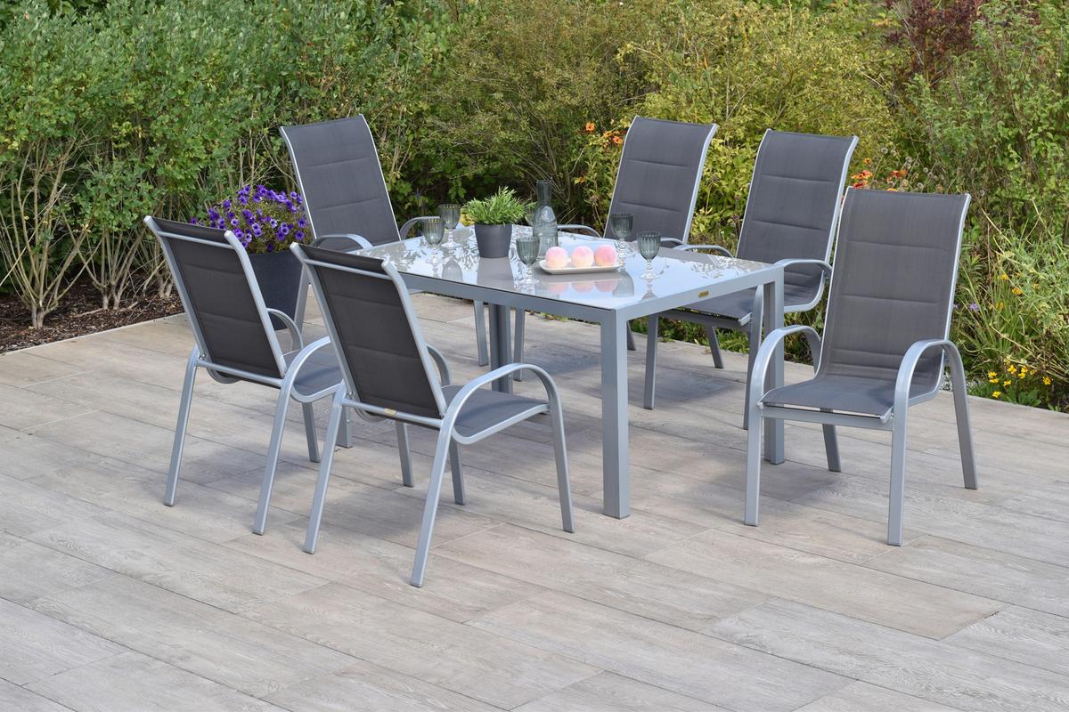 Gartentischgruppe Amaro 7--Teilig. Aus Aluminium - Anthrazit/Silberfarben, KONVENTIONELL, Glas/Textil - Gardenson