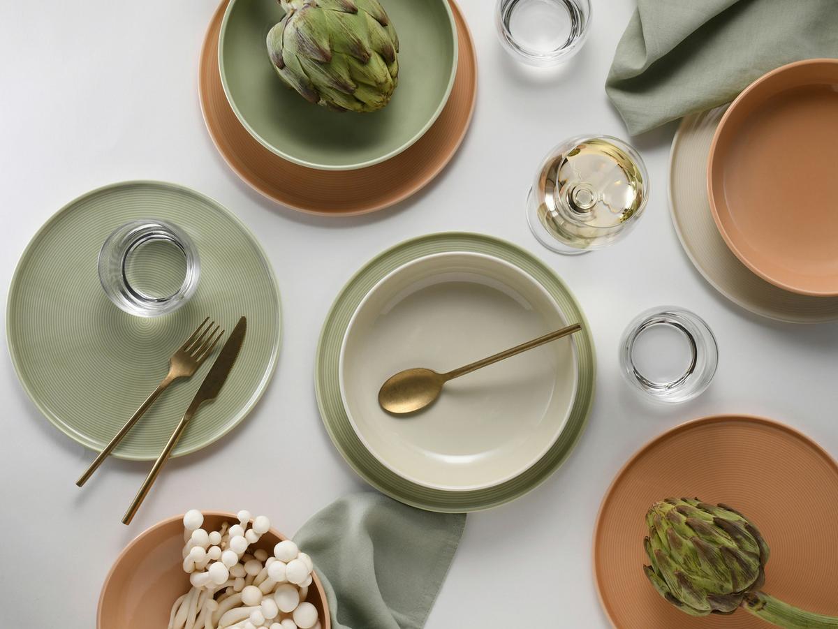 Tafelservice 12-teilig. Porzellan, multicolor - Salbeigrün/Creme, Basics, Keramik - Creatable