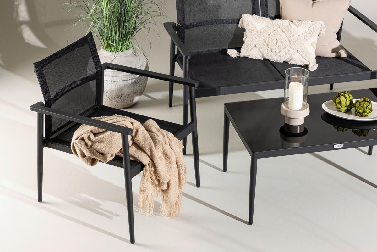 Gartengarnitur 4-Tlg. Break Aluminium/Glas - Schwarz, KONVENTIONELL, Glas/Textil - Gardenson