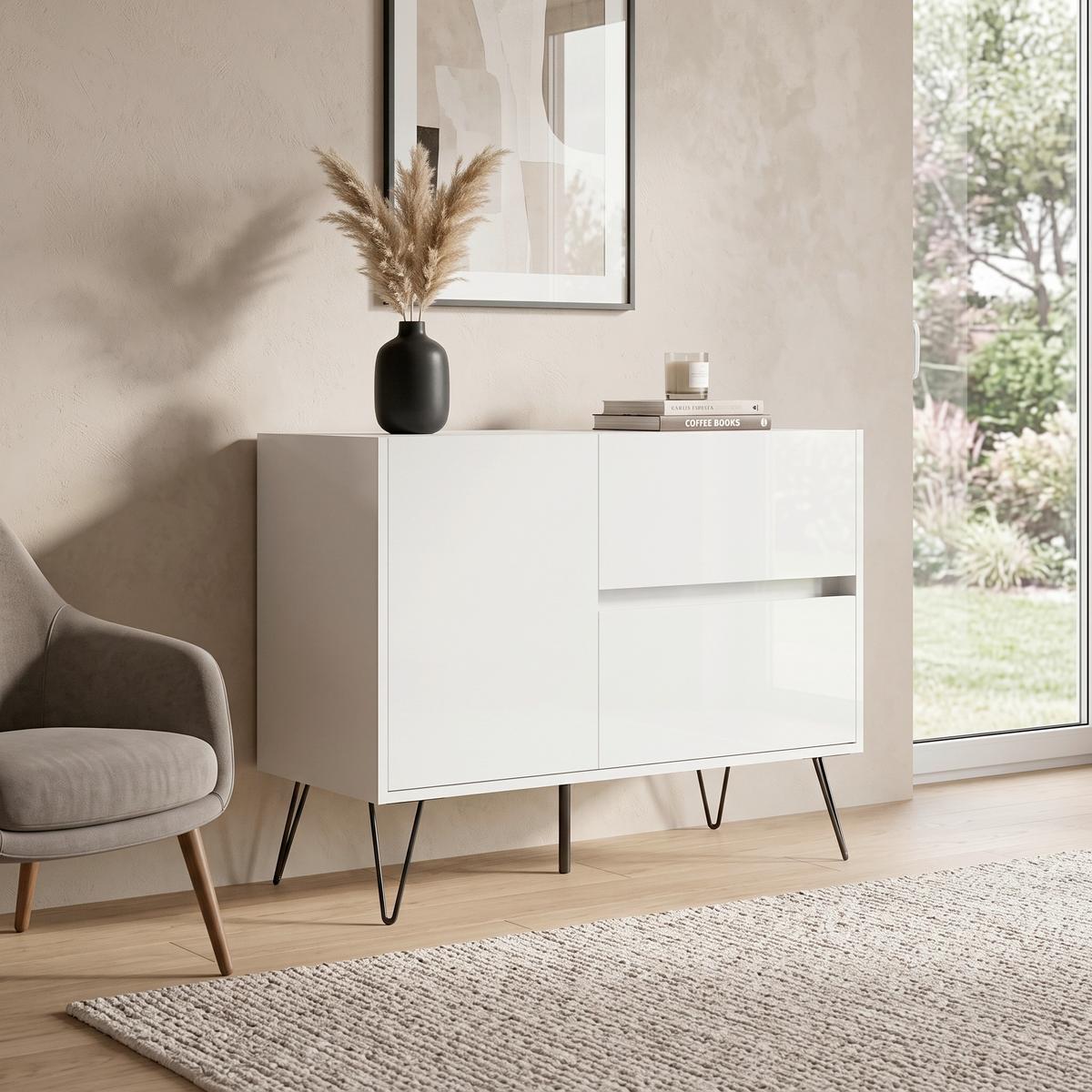 Sideboard Posseik Industrial Weiß B: 99 cm - Weiß Hochglanz/Schwarz, Design, Holzwerkstoff (99/75,8/42cm) - MID.YOU