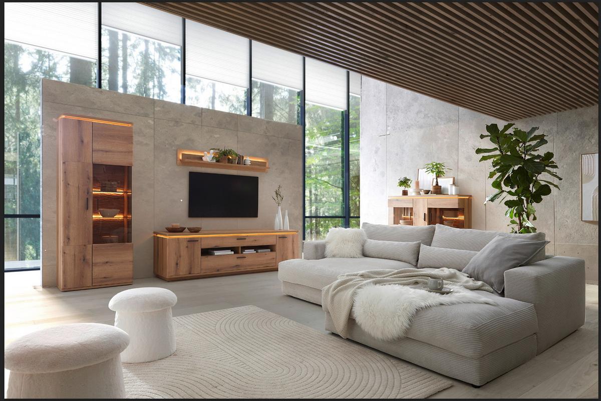 KOMODA POD TELEVIZI ALAMEDA -TOP- -BASED- - barvy dubu/antracitová, Moderní, kov/kompozitní dřevo (210/65/50cm) - Based