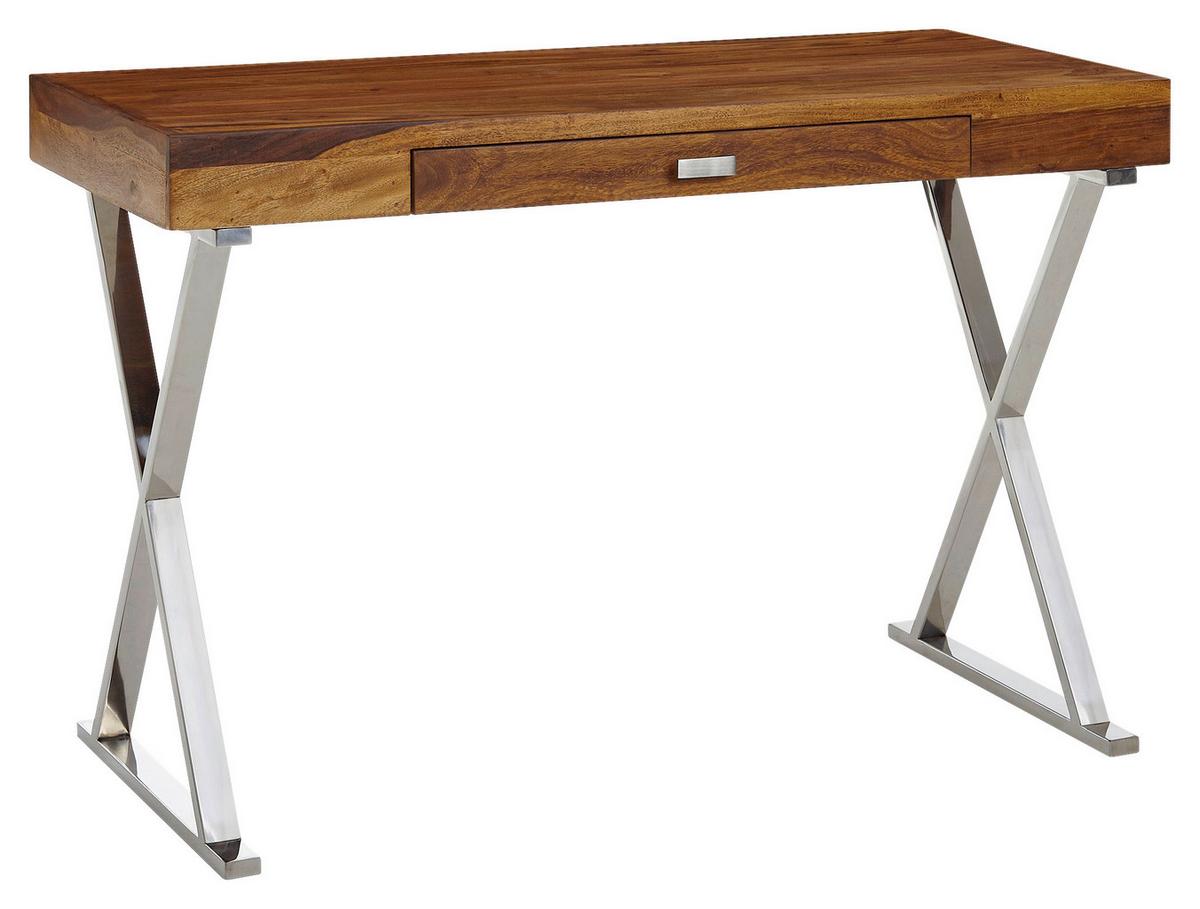 Schreibtisch Wohnling Sheesham B: 55 cm - Chromfarben/Sheeshamfarben, MODERN, Holz/Metall (120/55/78cm) - MID.YOU