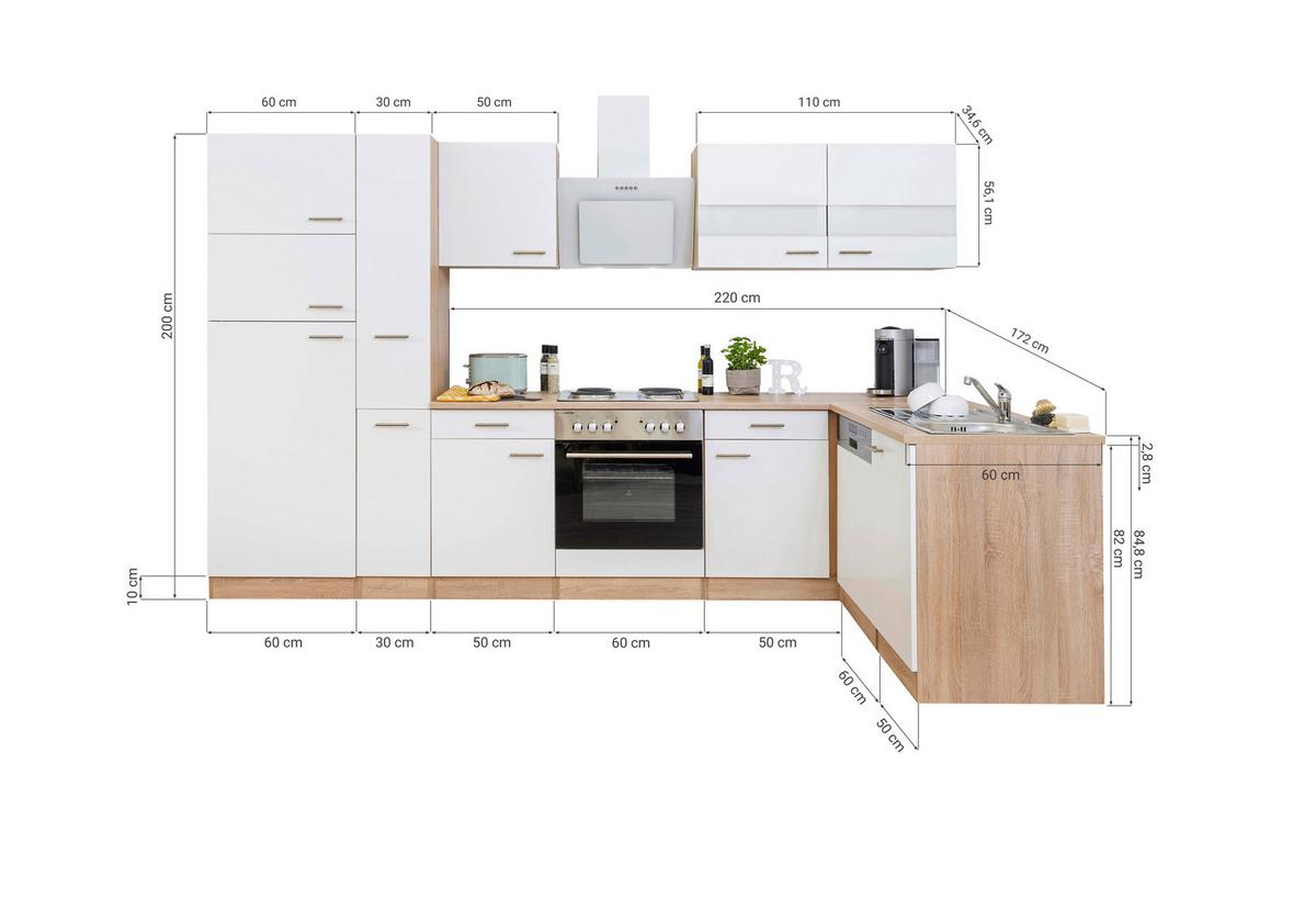 Eckküche Economy M. Geräten 172x310 Cm Weiß/eiche Dekor - Eichefarben/Weiß, Basics, Glas/Holzwerkstoff (172/310cm) - Respekta
