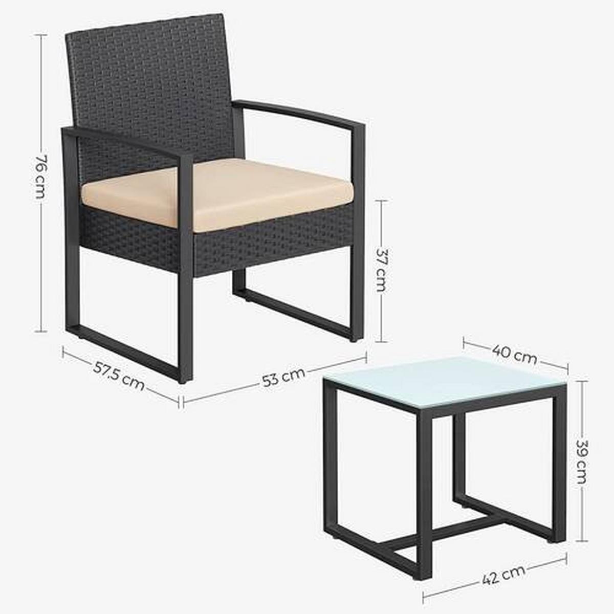 Gartenset 3-tlg. Schwarz Beige inkl. Tisch mit Glasplatte - Beige/Schwarz, MODERN, Glas/Kunststoff - Modante