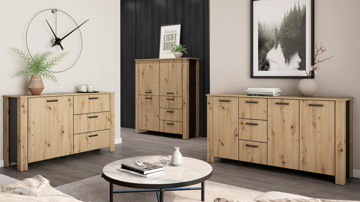 Sideboard Faro Eiche Artisan B: 140 cm - Schwarz/Eiche Artisan, Design, Holzwerkstoff (140/84/40cm) - MID.YOU