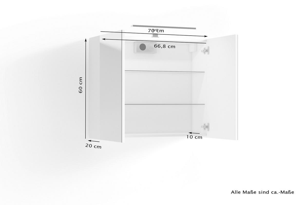 Spiegelschrank Spree Mit Led 2-Türig 70x60x20 Cm - Weiß, MODERN, Glas/Holzwerkstoff (70/60/20cm) - MID.YOU