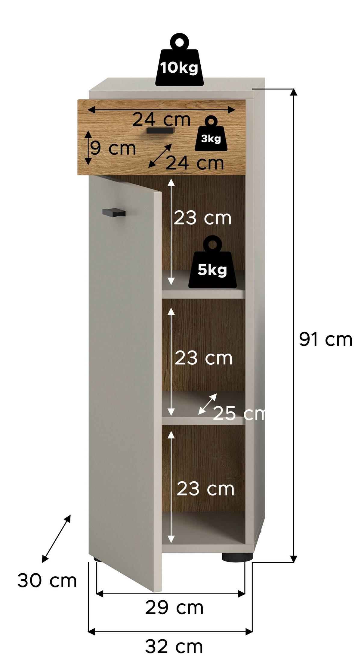 Midischrank Aqua Eichefarben/Kaschmir B: 32cm - Kaschmir/Eichefarben, Trend, Holzwerkstoff (32/91/30cm) - MID.YOU