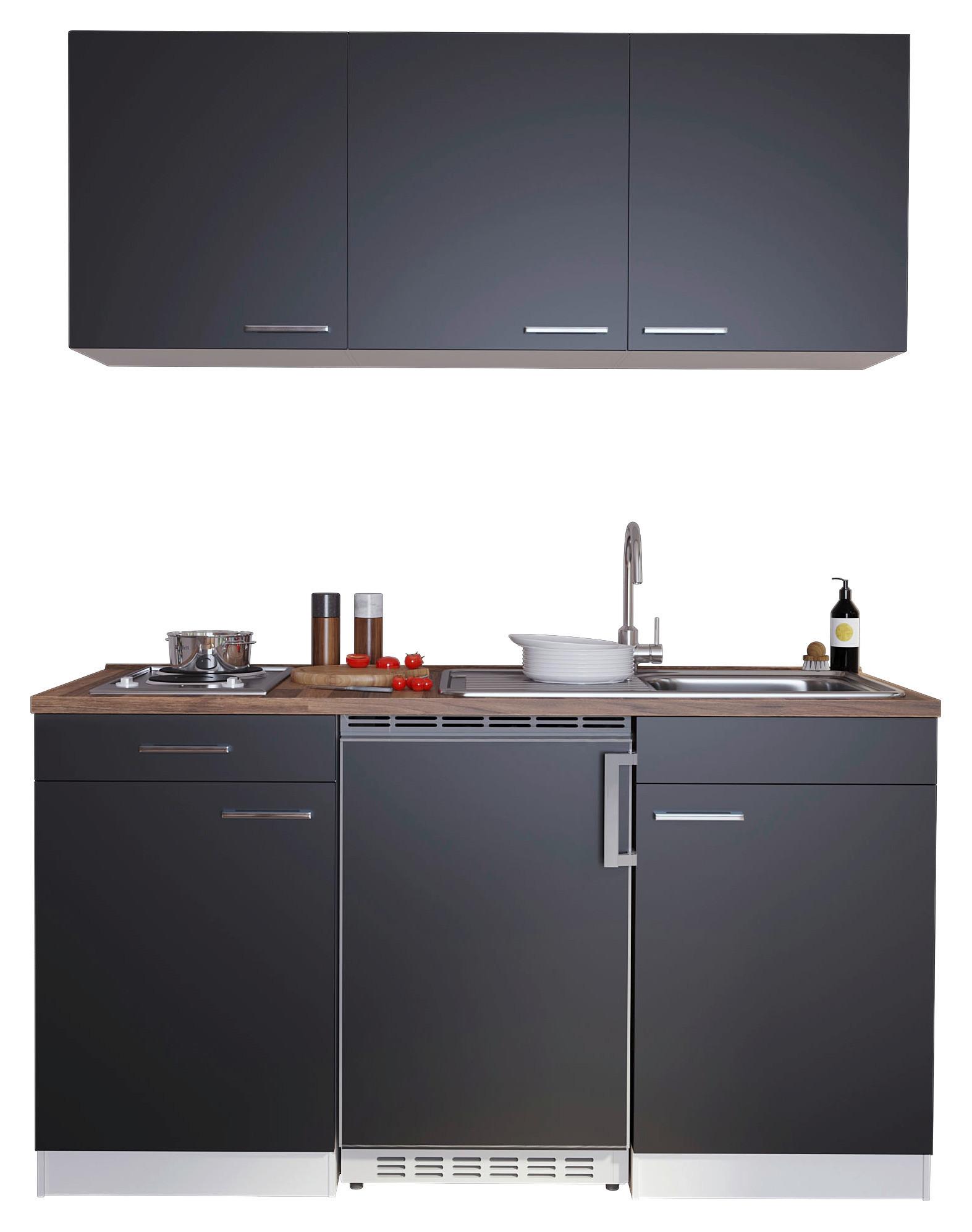 Miniküche Economy mit Geräten 150 cm Schwarz/ Nussbaum Dekor - Nussbaumfarben/Schwarz, Basics, Holzwerkstoff (150cm) - Respekta