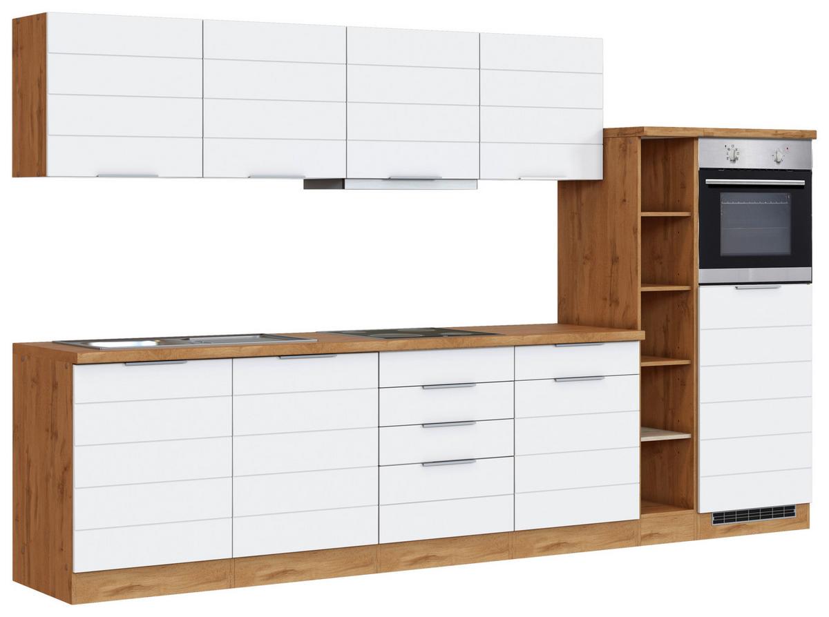 Küchenzeile Florenz mit Geräten 330 cm Weiß/Eichefarben - Eiche Wotan/Weiß, Design, Holzwerkstoff (330cm) - Held